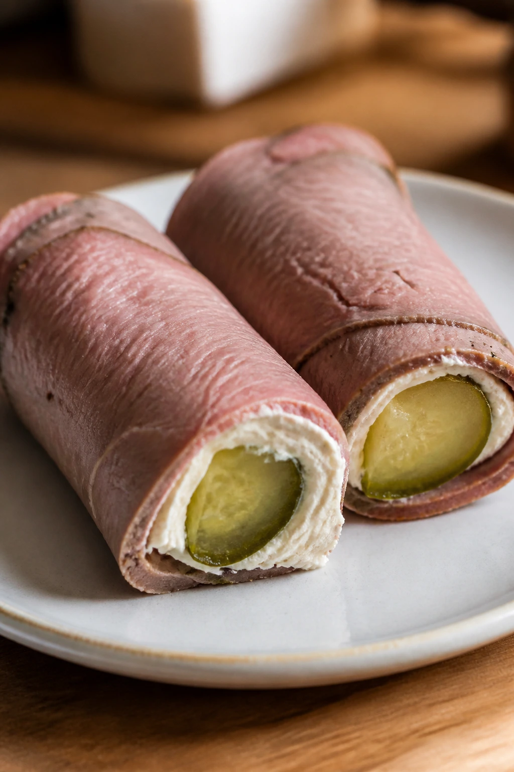 Close-up of roast beef roll-ups with cream cheese and pickle filling