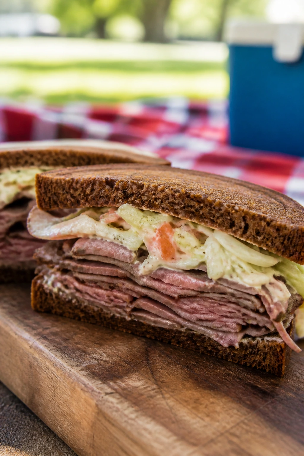 Close-up of a rye roast beef sandwich half with slaw and horseradish mayo on a wooden board outdoors.