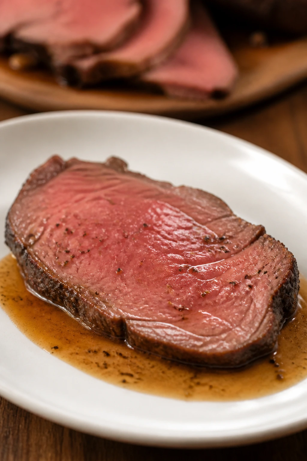 Single rosy roast beef slice on plate with gravy in a warm kitchen/dining setting