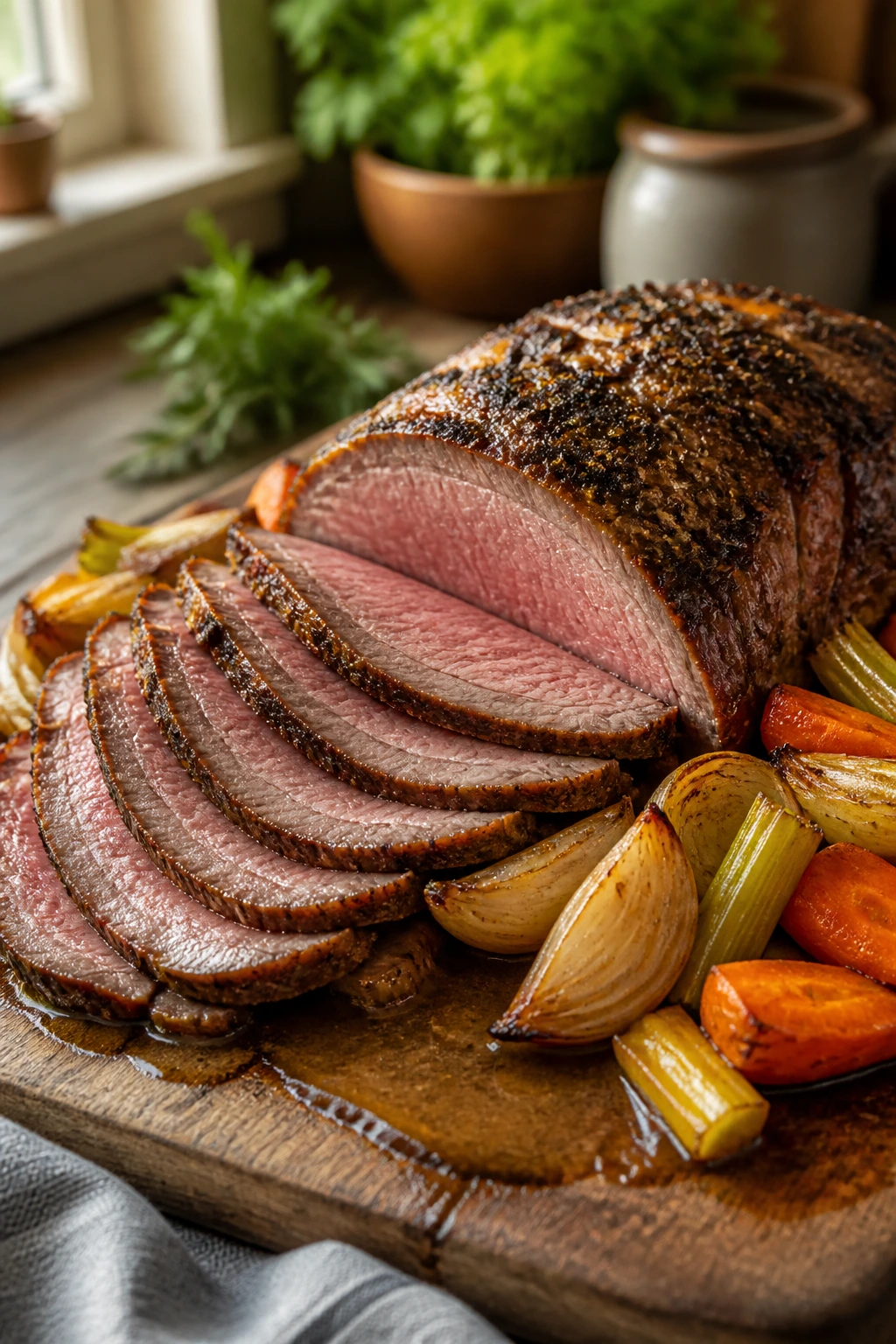 Platter of evenly sliced roast beef with roasted vegetables and gravy on a kitchen counter