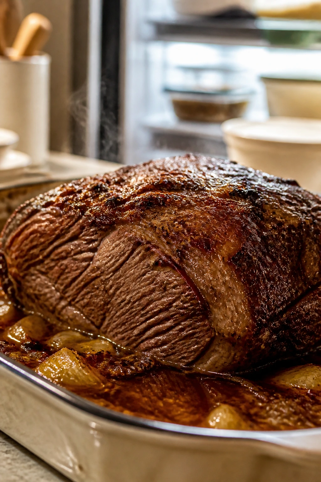 Roast beef in a dish with gravy suggesting make-ahead storage