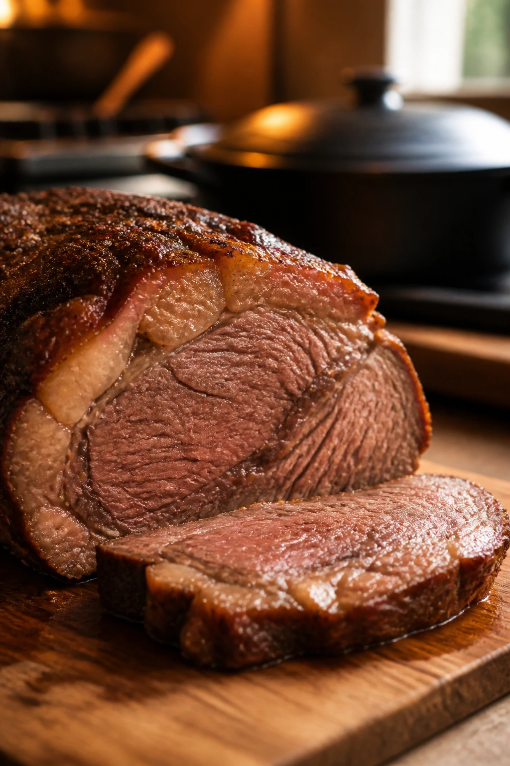 Close-up of tender roast beef slice showing marbling on cutting board