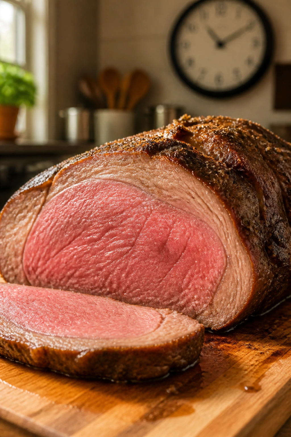 Rosy center roast beef with clock in background on cutting board