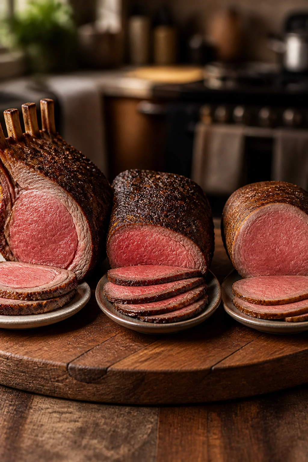 Tri-plate roast beef variations on a wooden board