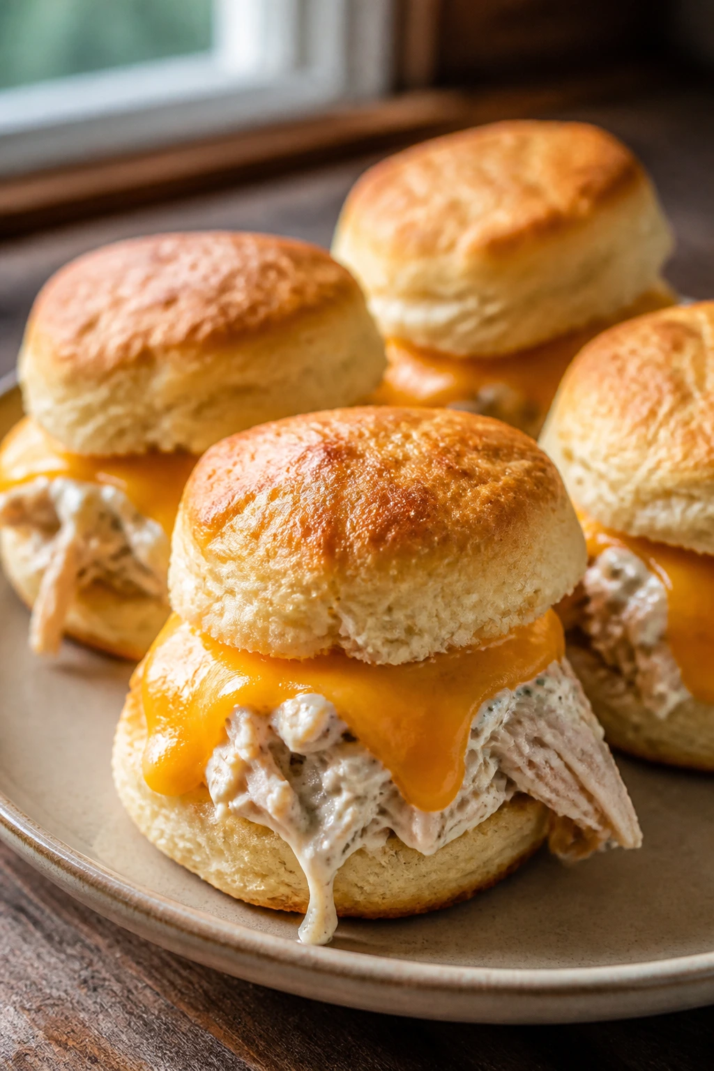 Close-up of roast chicken biscuit sliders on a plate