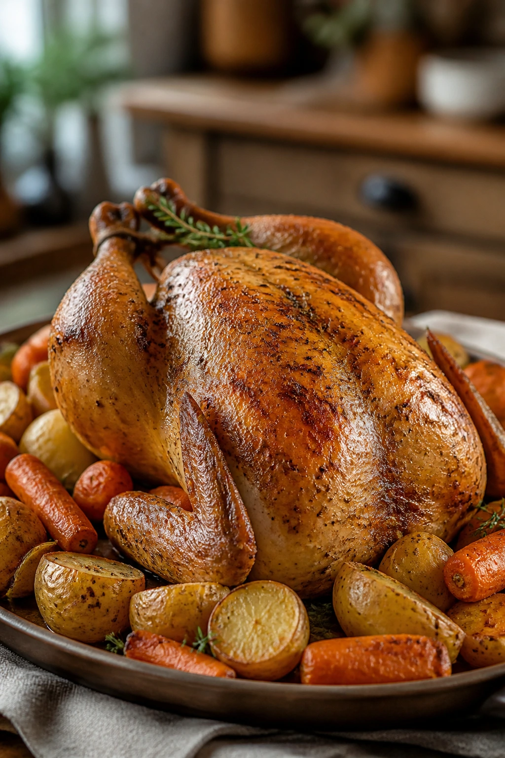 Roast chicken with carrots and potatoes on a serving platter