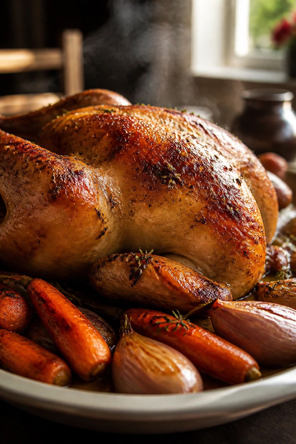 Bronzed roast chicken with carrots and shallots on a platter