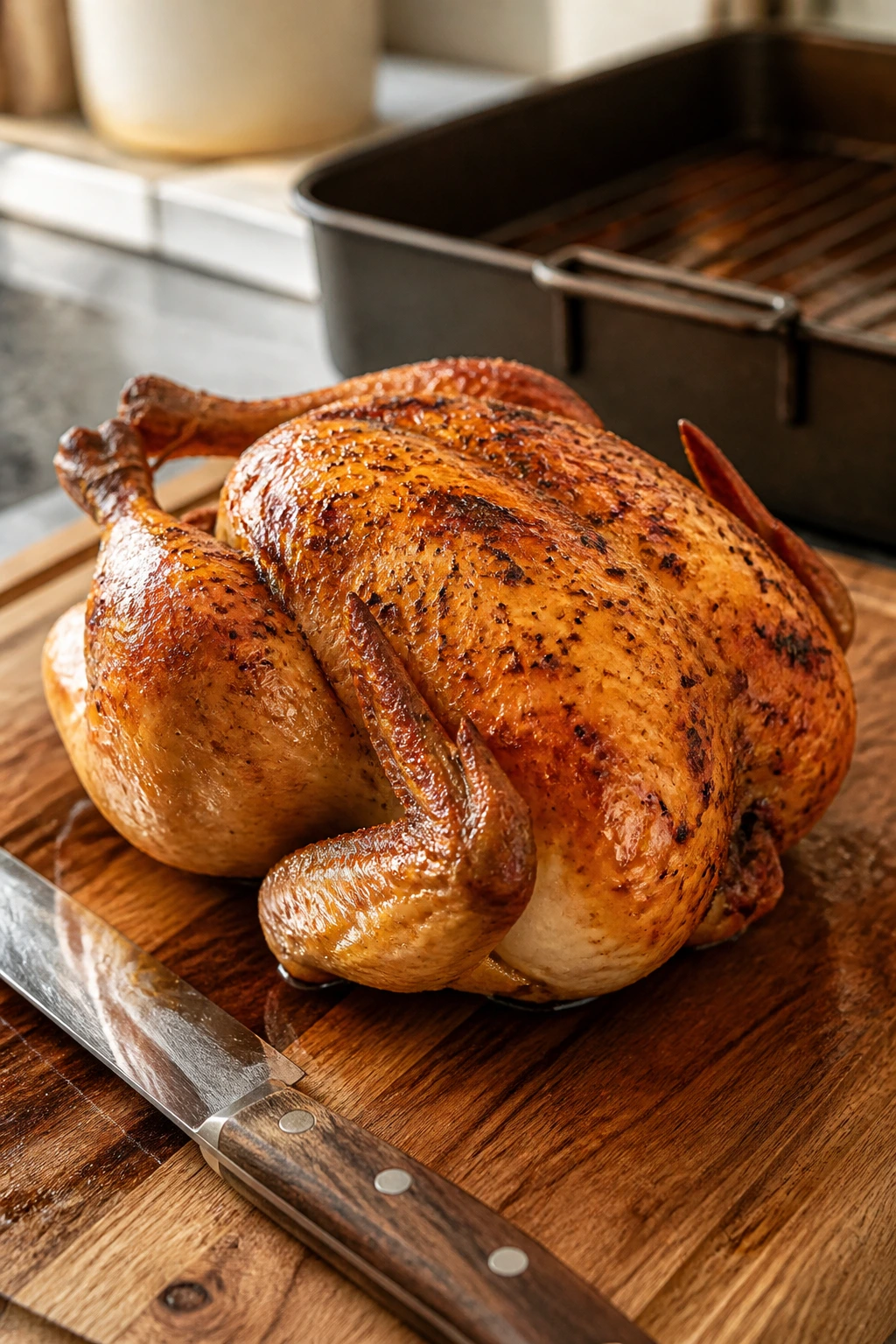 Close-up of a golden roasted chicken on a wooden carving board in a warm kitchen