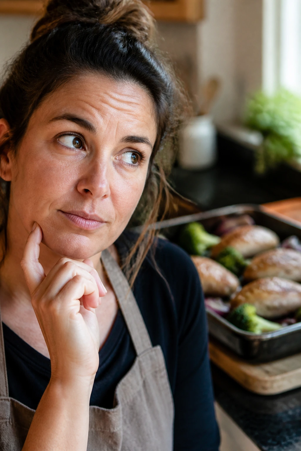 Close-up portrait of a real home cook in a kitchen, contemplating roast chicken questions before the oven.
