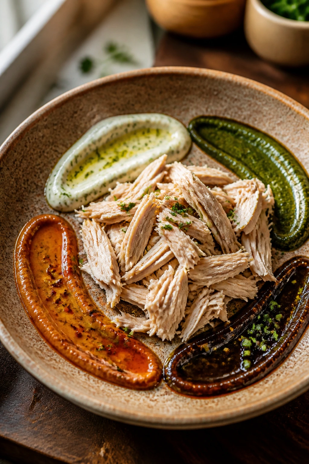 Shredded roast chicken with four colorful sauce swirls in a rustic dish
