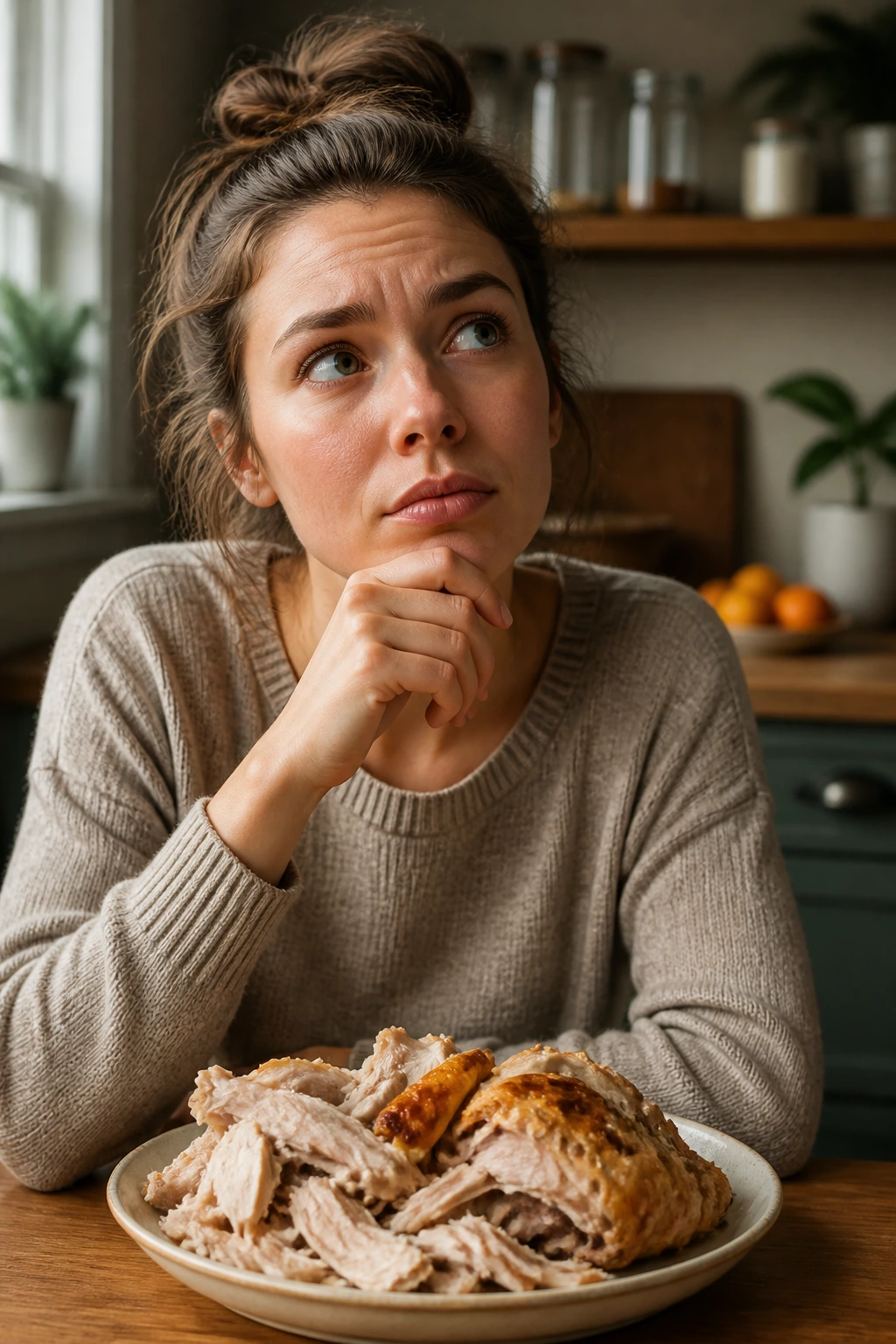 Portrait of a real person pondering leftovers in a kitchen
