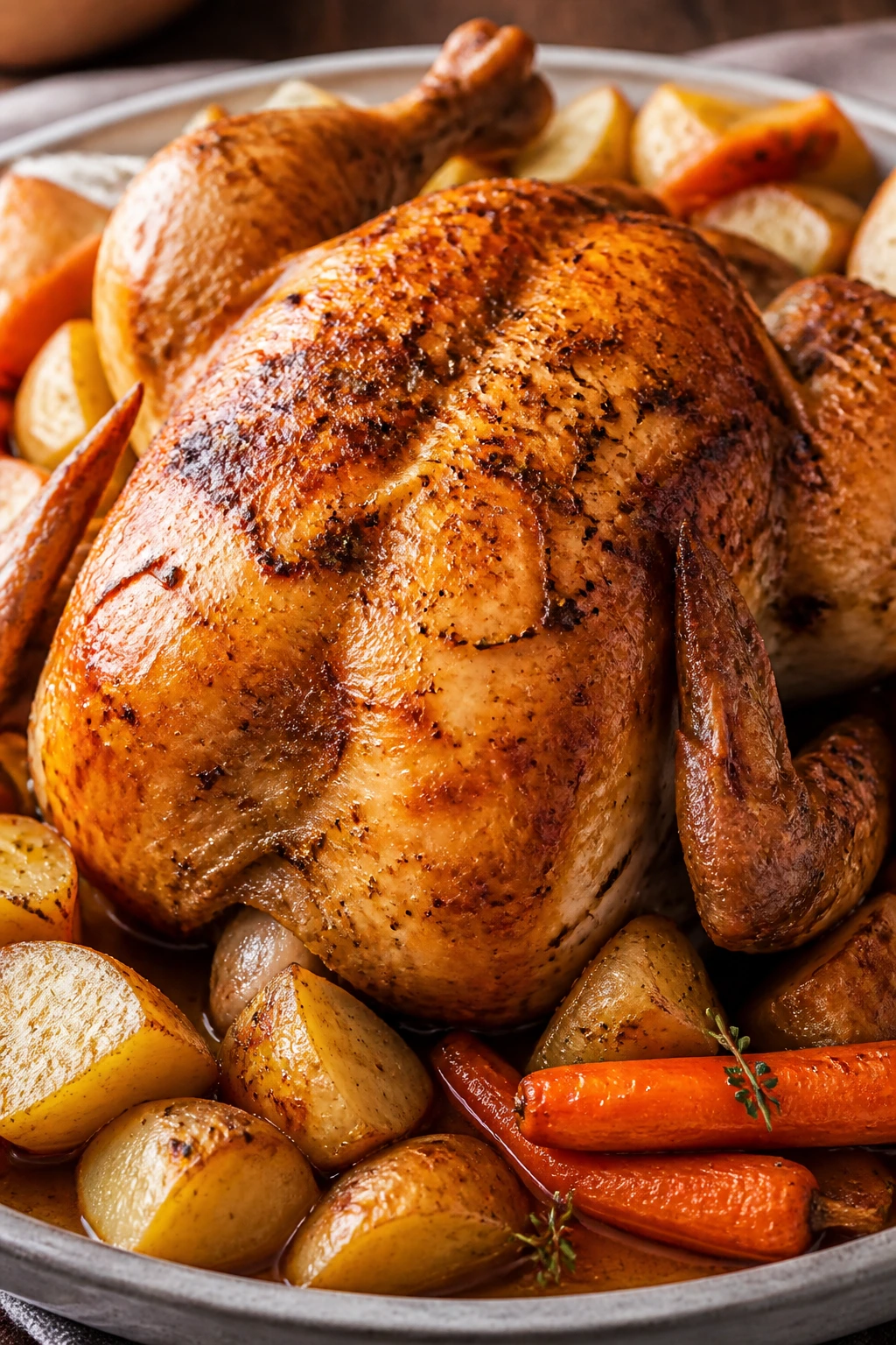 Golden roast chicken with potatoes and carrots on a platter