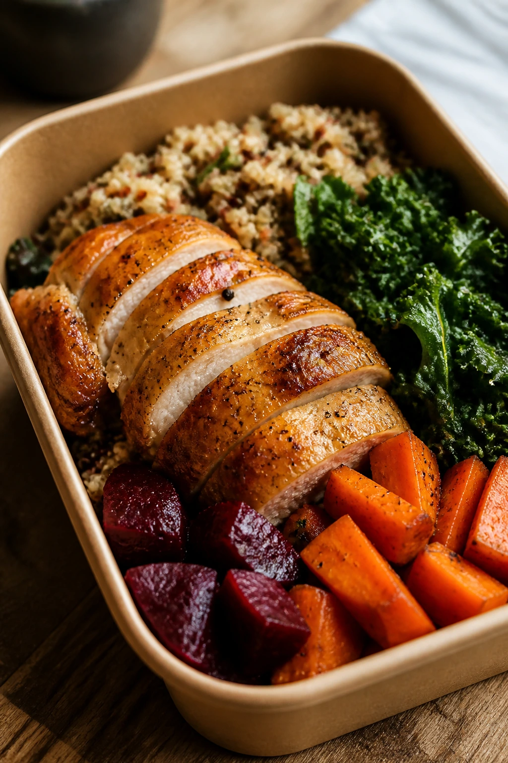 Close-up of roast chicken harvest box with quinoa beets kale carrots
