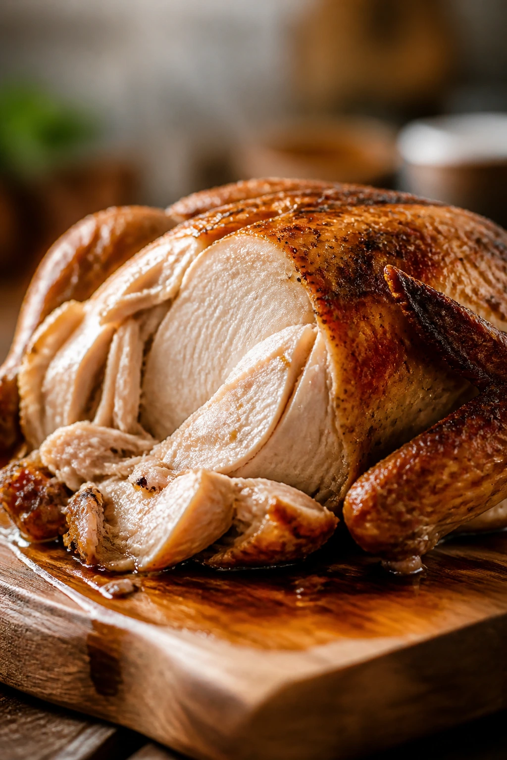 Resting roasted chicken carved on cutting board in warm kitchen