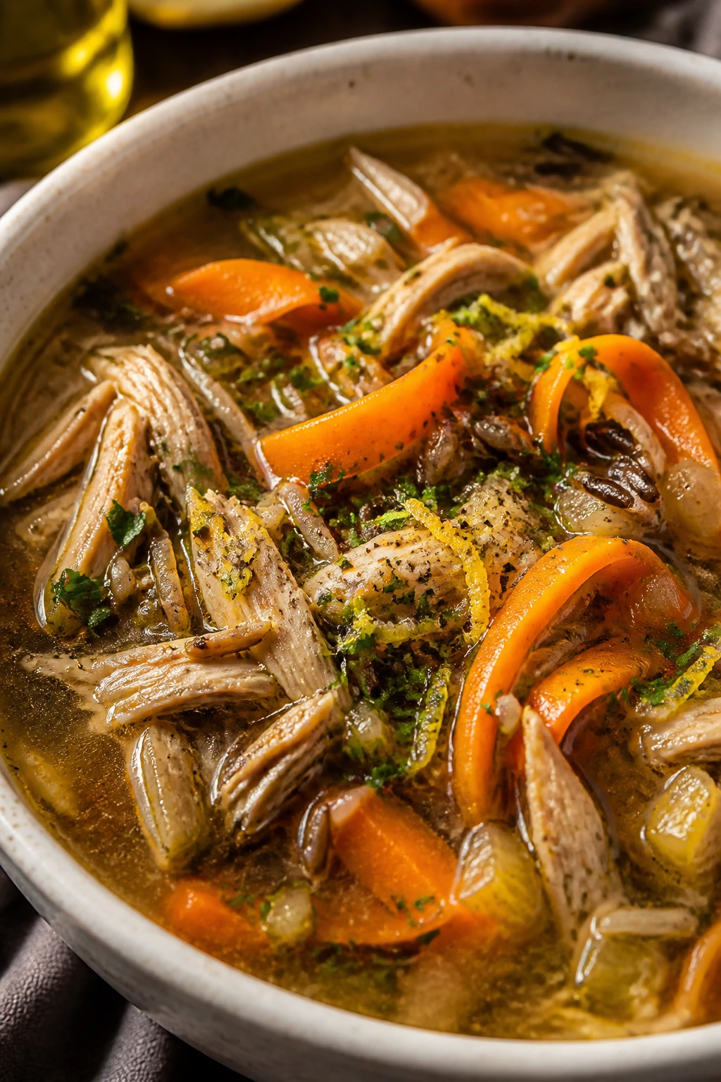 Close-up of roast chicken and carrot wild rice soup in a bowl