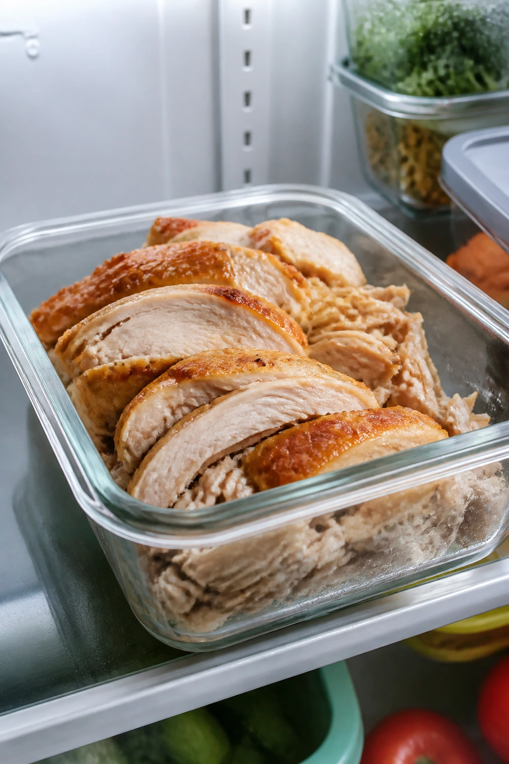 Roast chicken stored in a shallow container in a home fridge