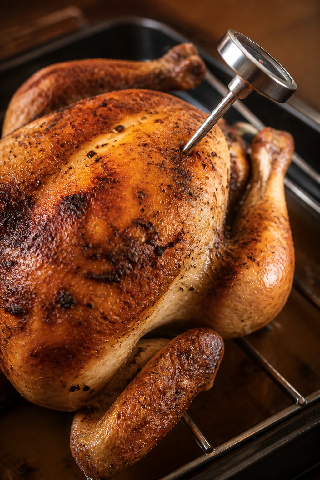 Roasted chicken with thermometer in breast for doneness