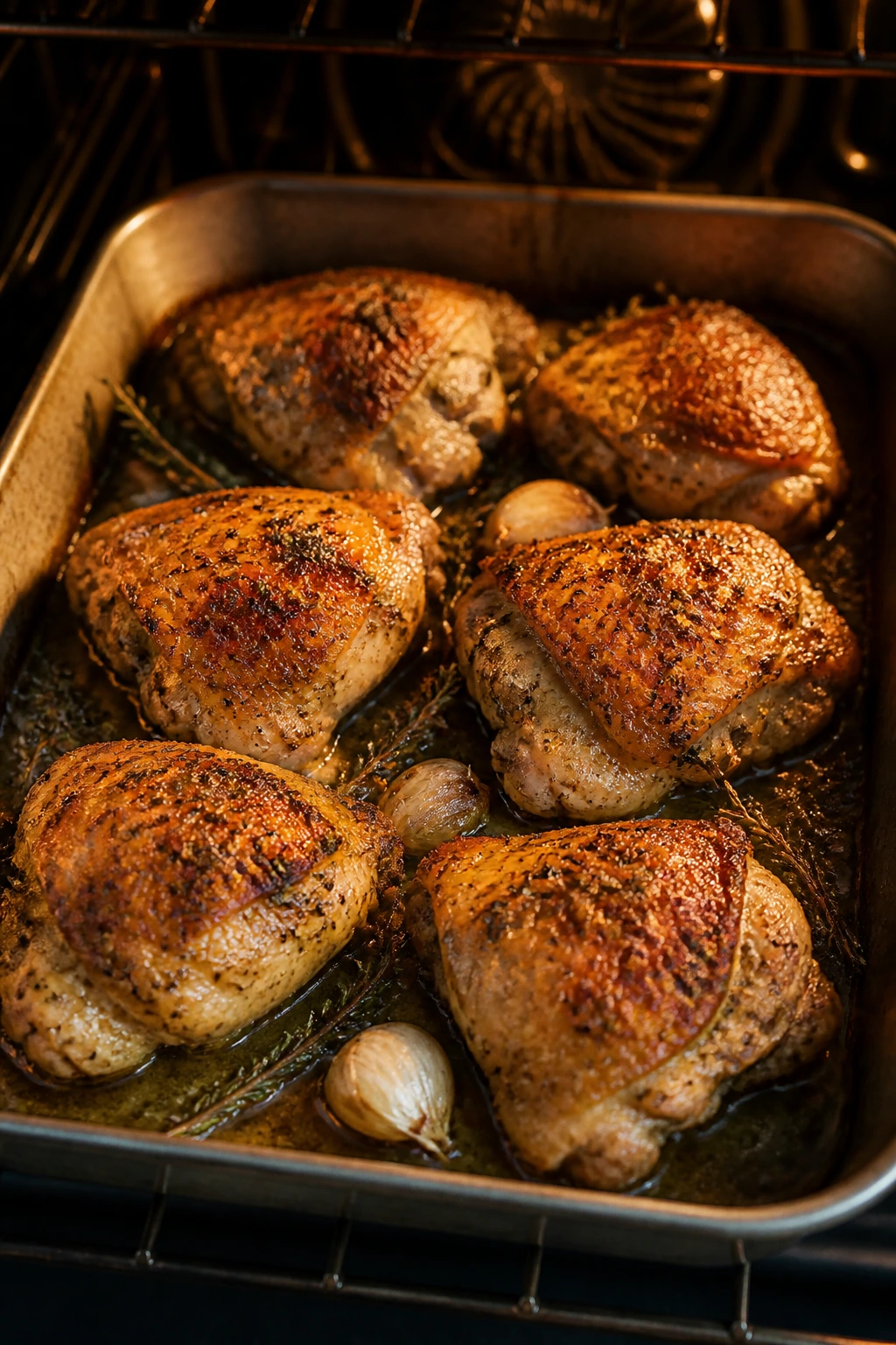 Top-down view of roasting chicken thighs in a pan with browning skin