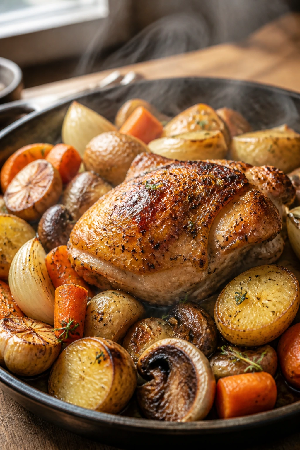 Close-up of chicken thigh with vegetables showing texture and browning