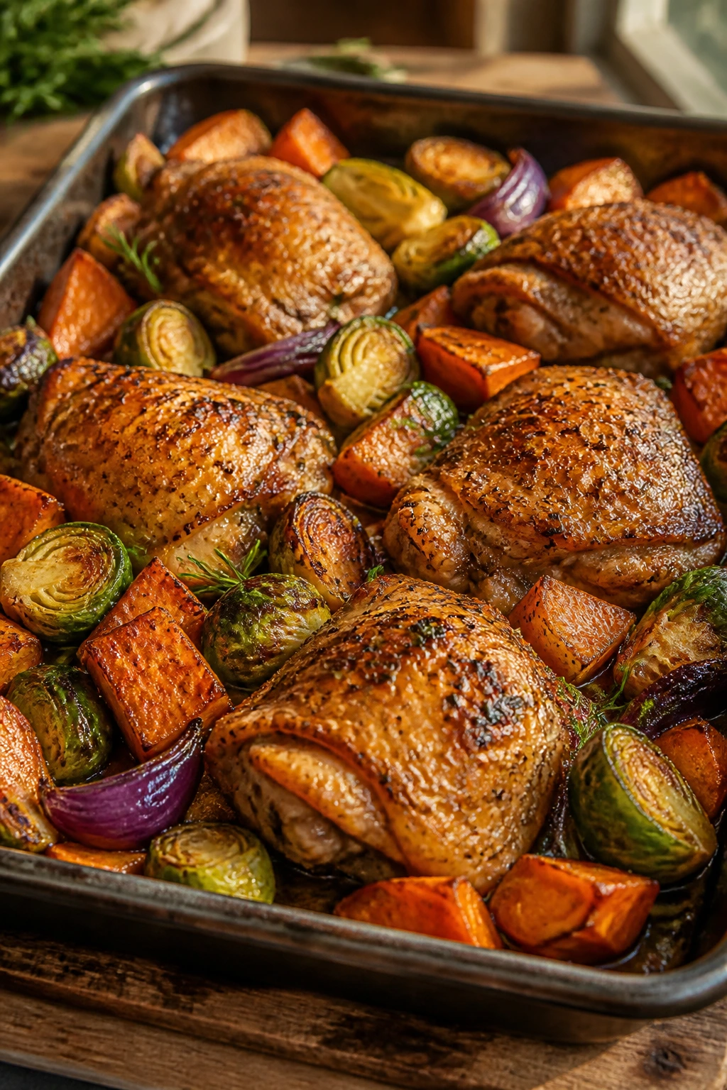 Close-up of a one-pan roast with browned chicken thighs and vegetables on a sheet pan