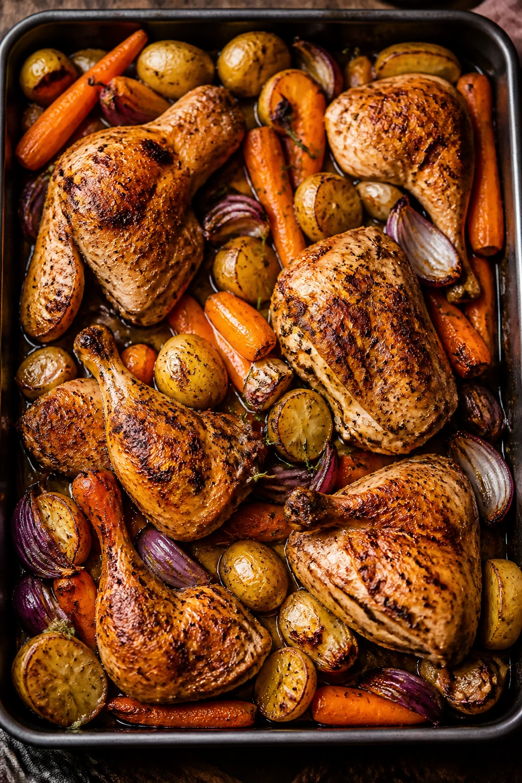 Roast chicken and vegetables on a tray