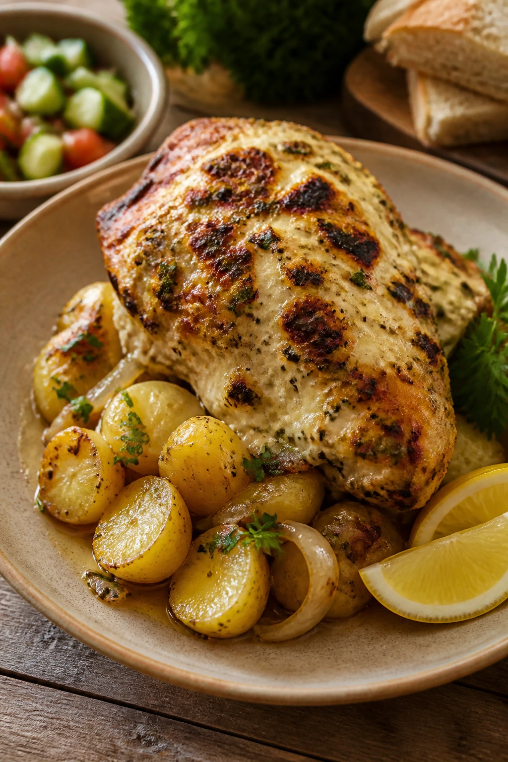 Close-up of roast chicken with yogurt crust atop potatoes and onions on a rustic plate