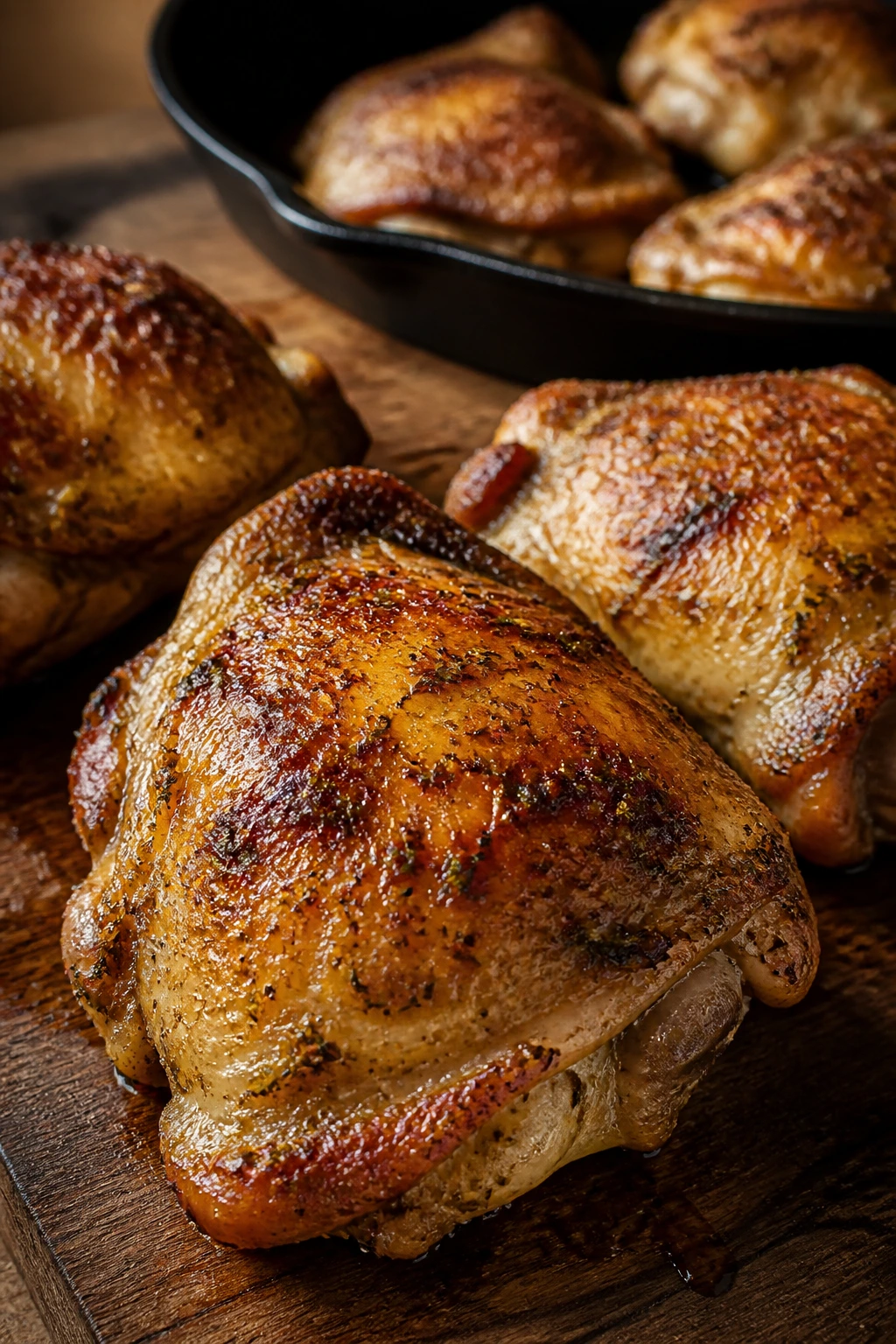 Close-up of bronzed crispy roast chicken thigh on a wooden board in a warm kitchen