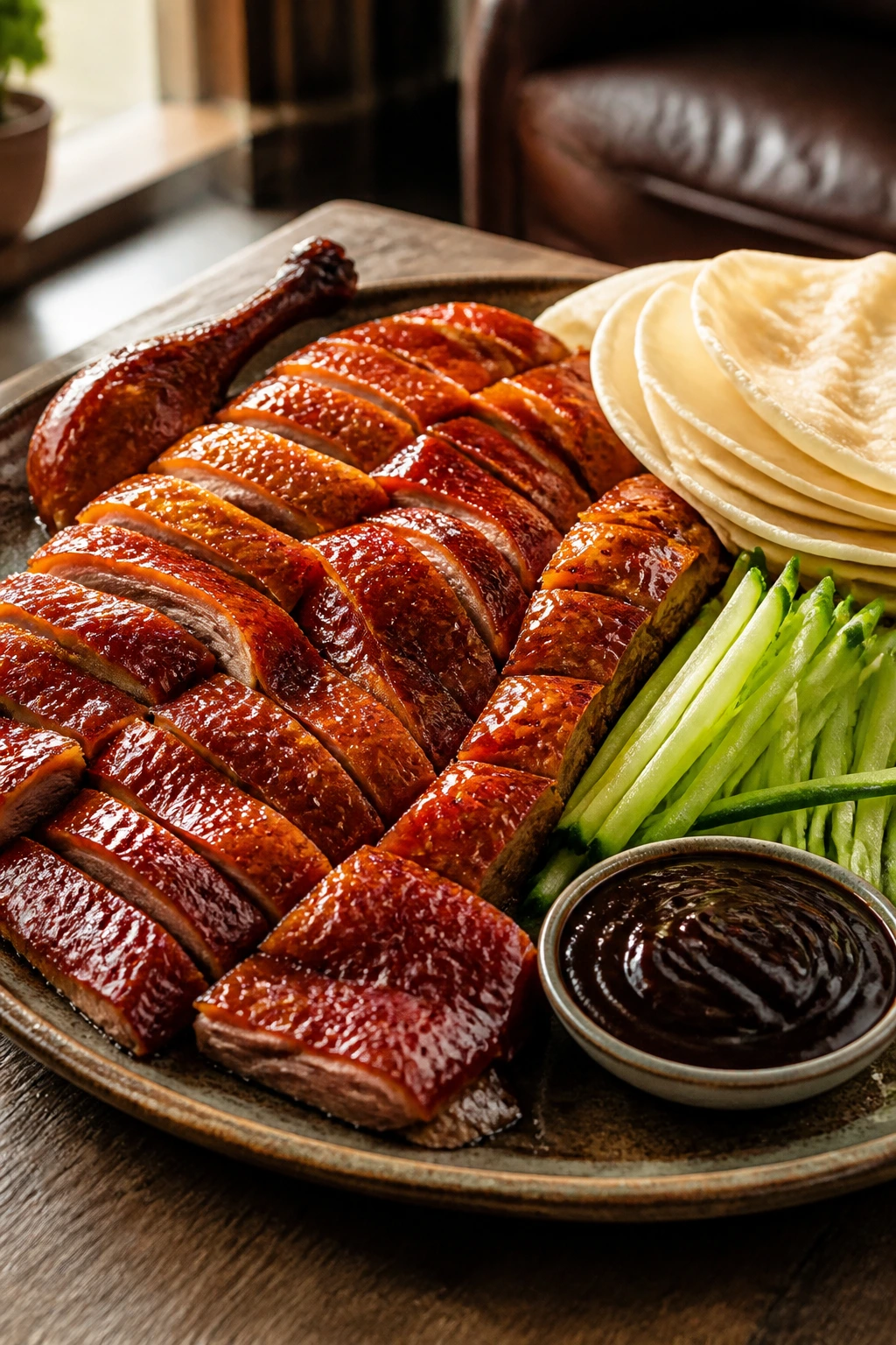 Close-up of lacquered roast duck with cucumber and pancakes