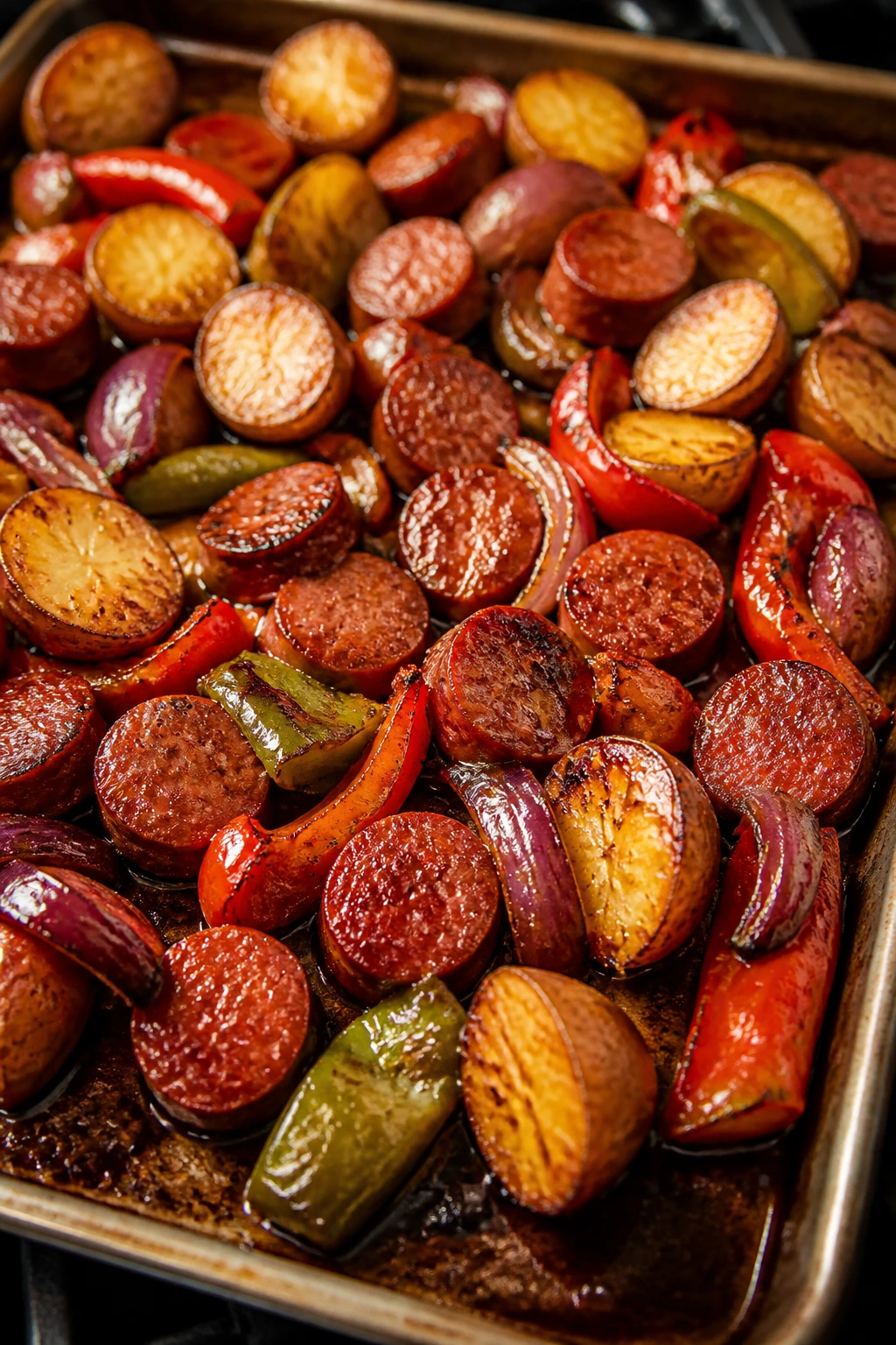 Glazed sheet-pan meal ready to finish roasting