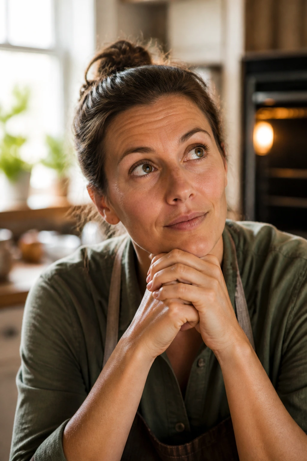 Close-up of a thoughtful home cook in a warm kitchen considering roast questions about chicken