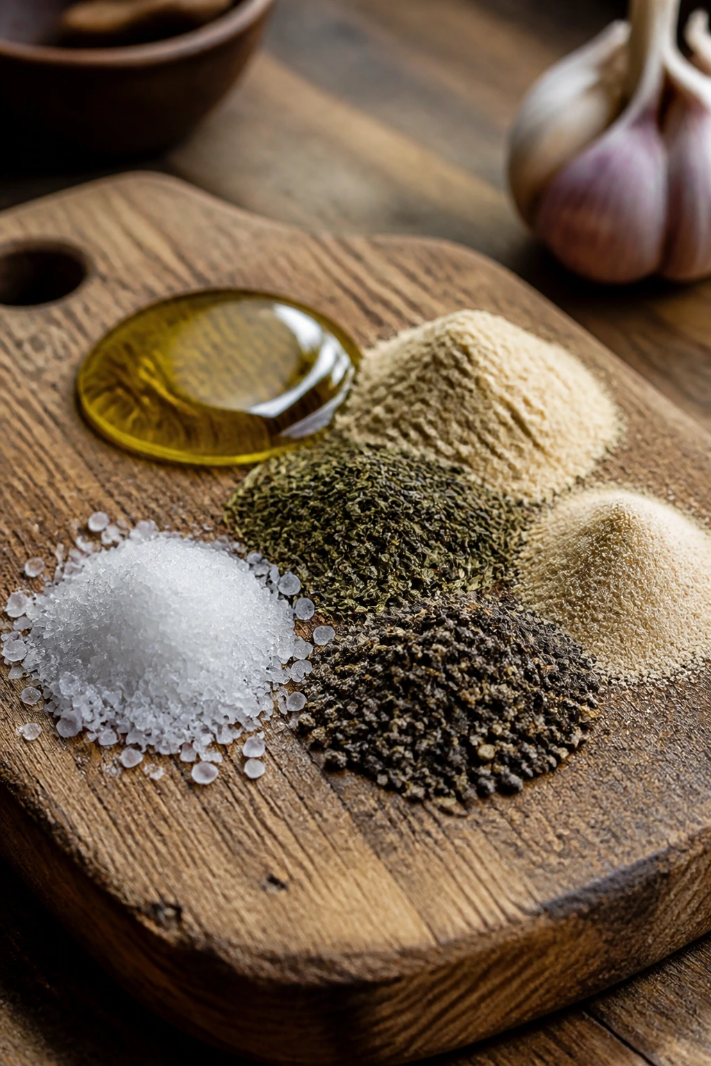 Close-up of salt, pepper, garlic powder, onion powder, thyme on wooden board