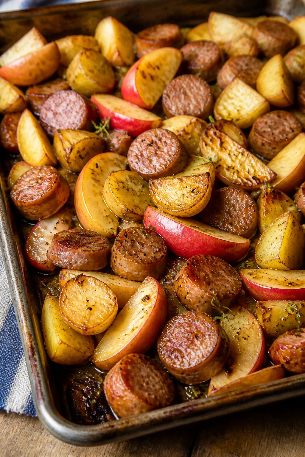 Close-up of roasted sausage with apples and potatoes on a sheet pan in a warm kitchen