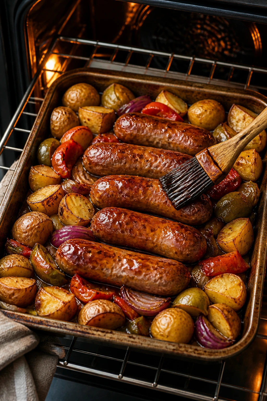 Pan roasting sausage with browning potatoes and glaze in a kitchen