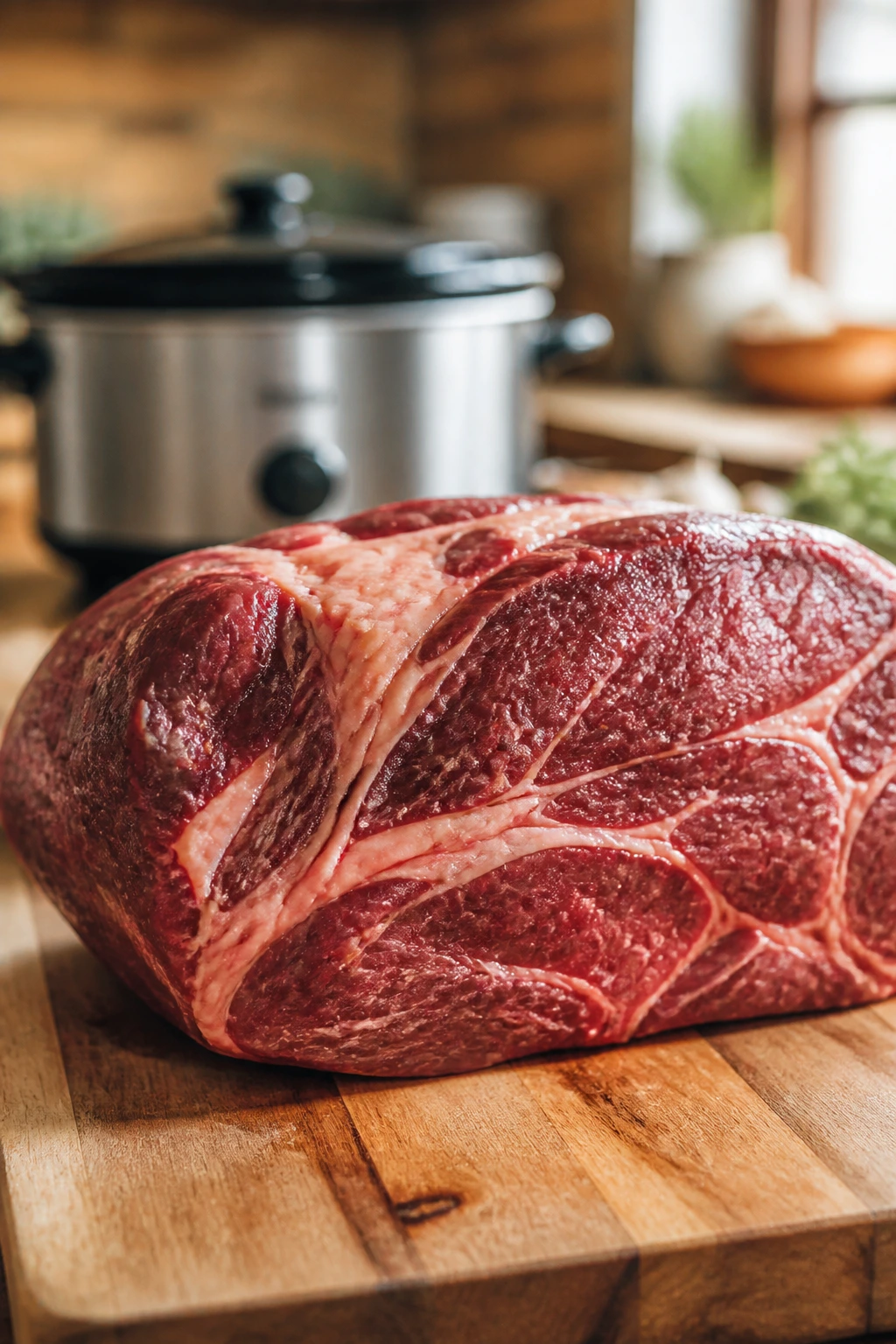 Large chuck roast on cutting board in a bright kitchen