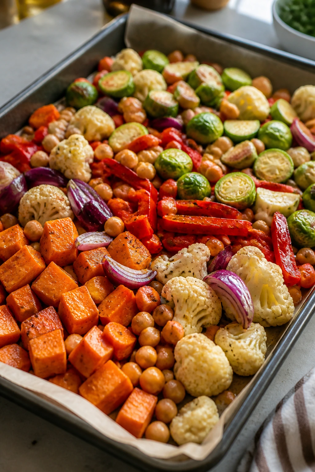 Tray of prepared vegetables ready for roasting including sweet potato, carrot, cauliflower, Brussels sprouts, onion, pepper, zucchini, and chickpeas