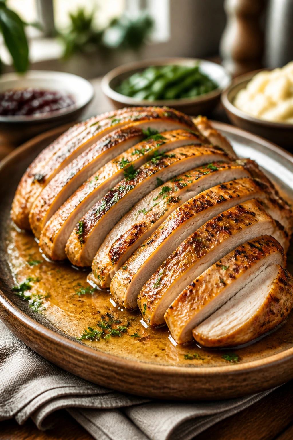 Close-up of sliced roast turkey breast on a warm platter with gravy and parsley