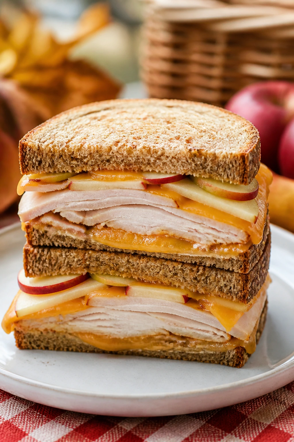 Cross-section of roast turkey cheddar and apple sandwich showing layers