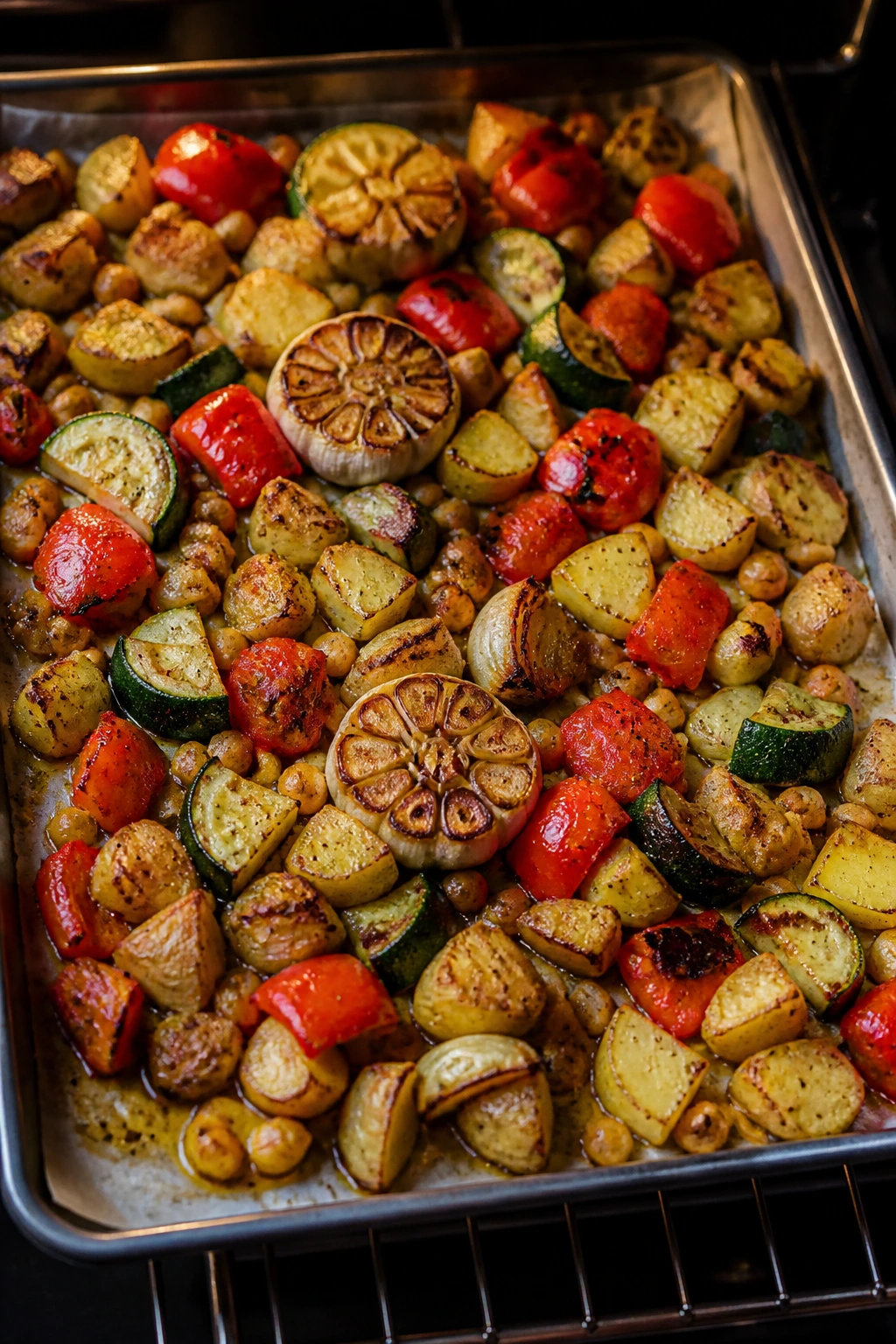 Sheet pan with evenly cut vegetables browning in a hot oven