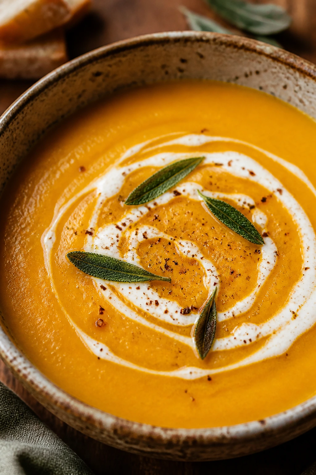 Bright orange roasted butternut squash soup with cream swirl