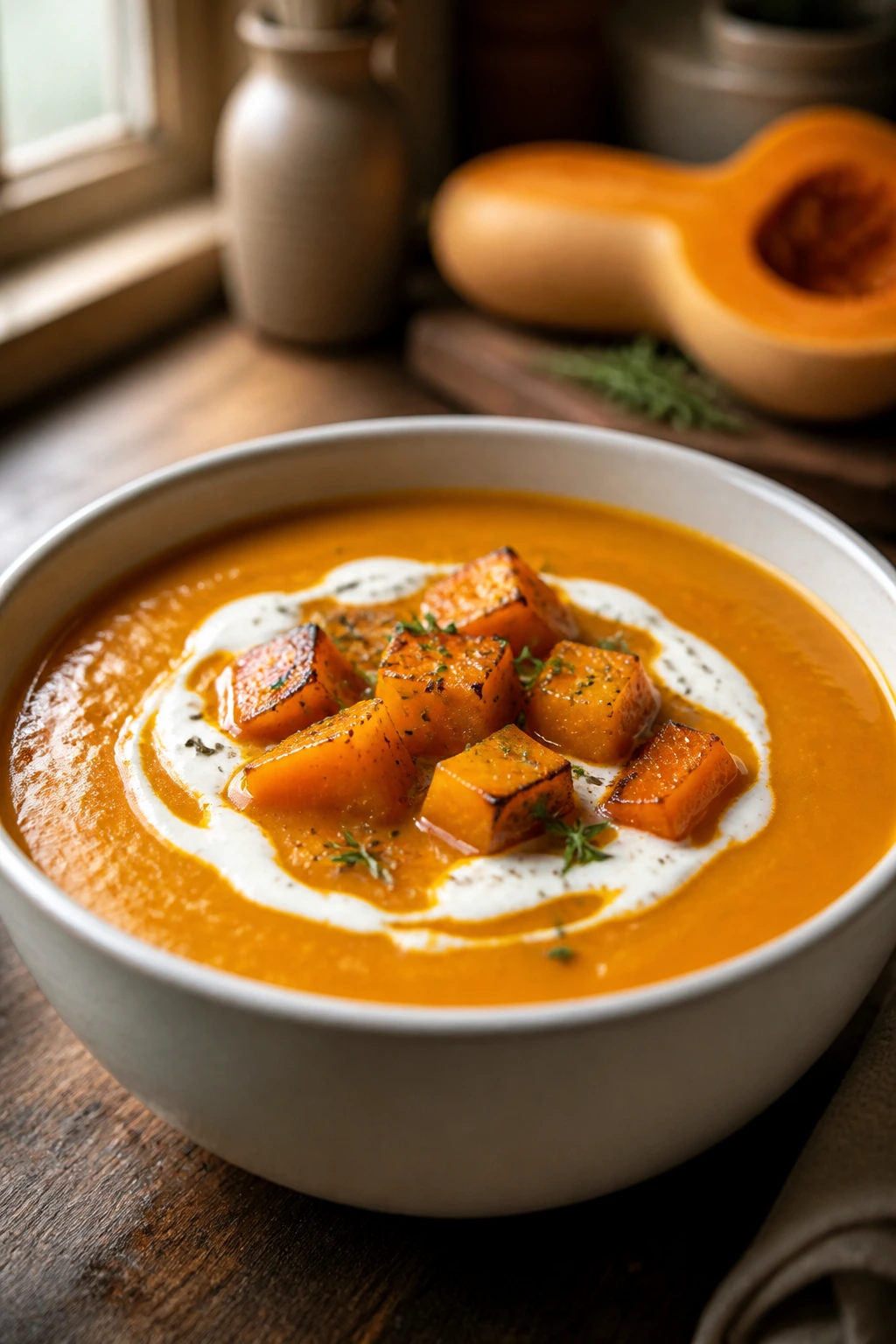 Close-up of roasted butternut squash soup in a ceramic bowl on a wooden table