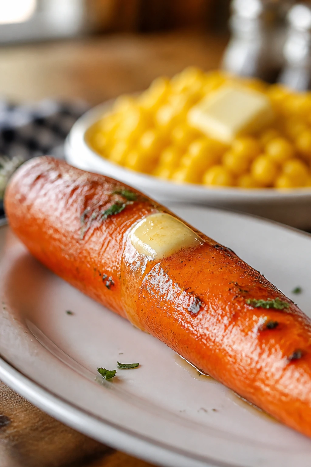 Close-up of a roasted carrot on a plate in a warm kitchen