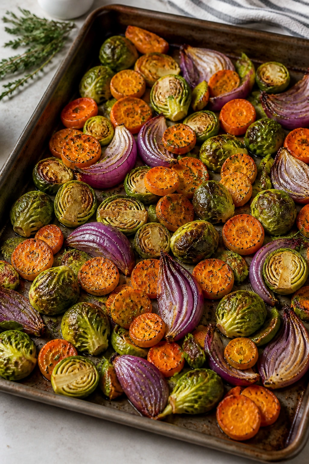 Sheet pan with carrots, Brussels sprouts, and red onion roasted evenly