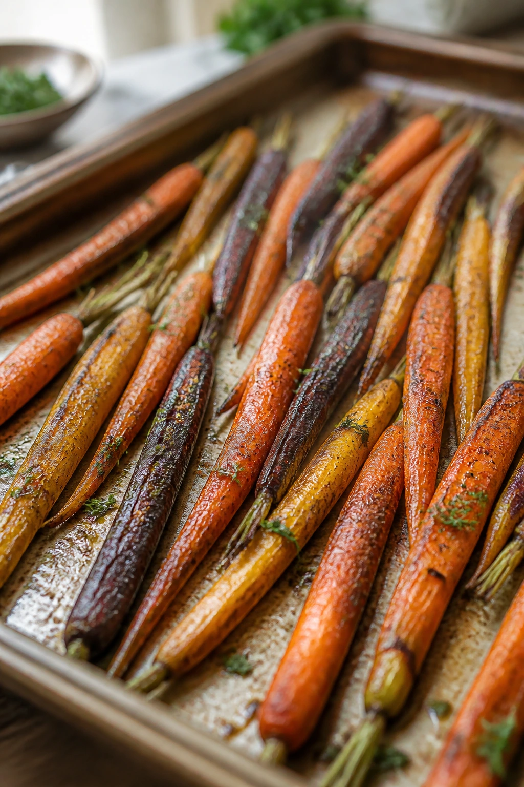 Roasted carrots with browned edges on a baking sheet