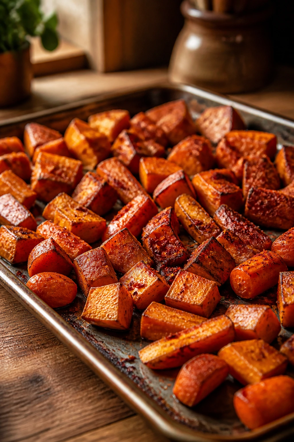 Close-up of roasted carrots and sweet potatoes with smoked paprika on a sheet pan in a rustic kitchen