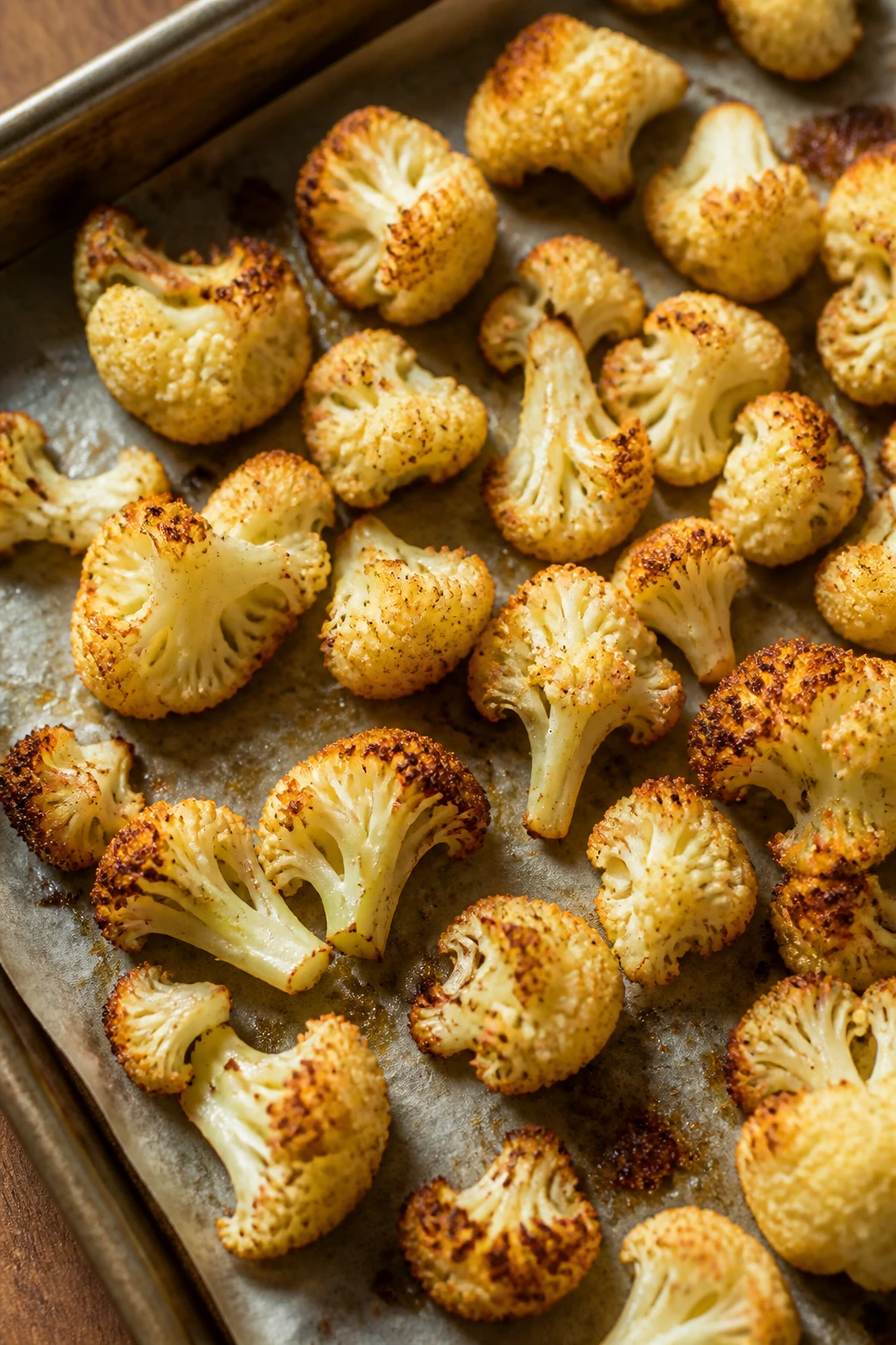 Roasted cauliflower florets with golden edges on a baking sheet