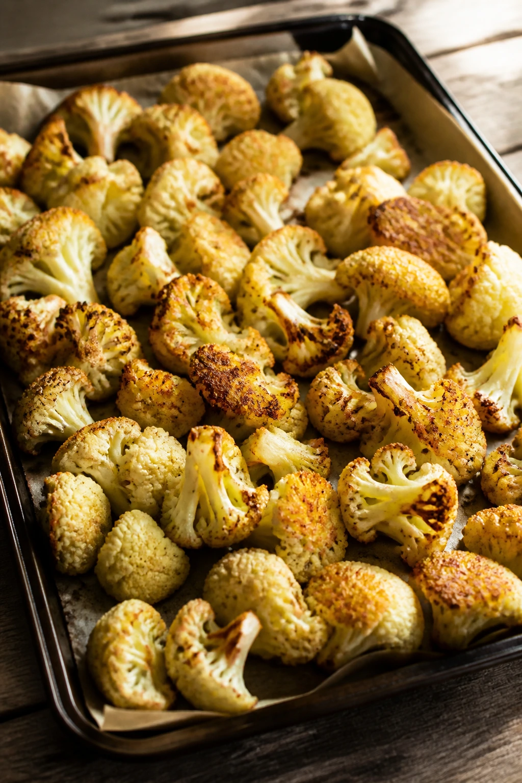 Close-up of roasted cauliflower florets on a parchment-lined tray in a warm kitchen