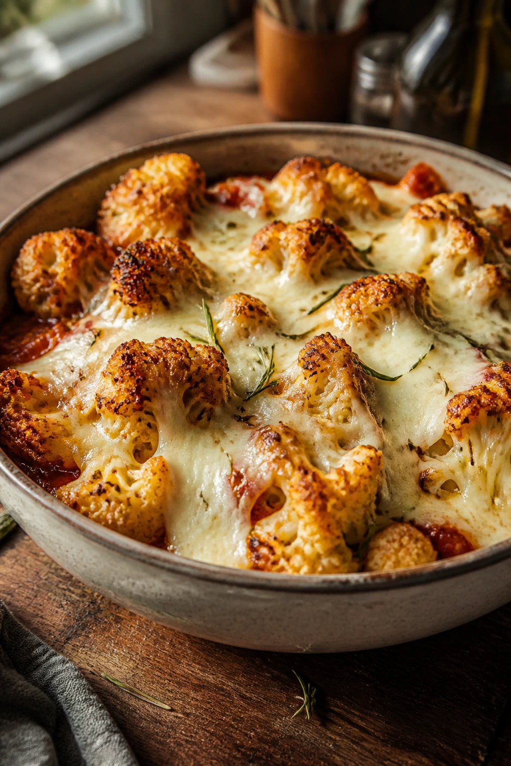 Close-up of roasted cauliflower and provolone pizza bowl on a rustic counter