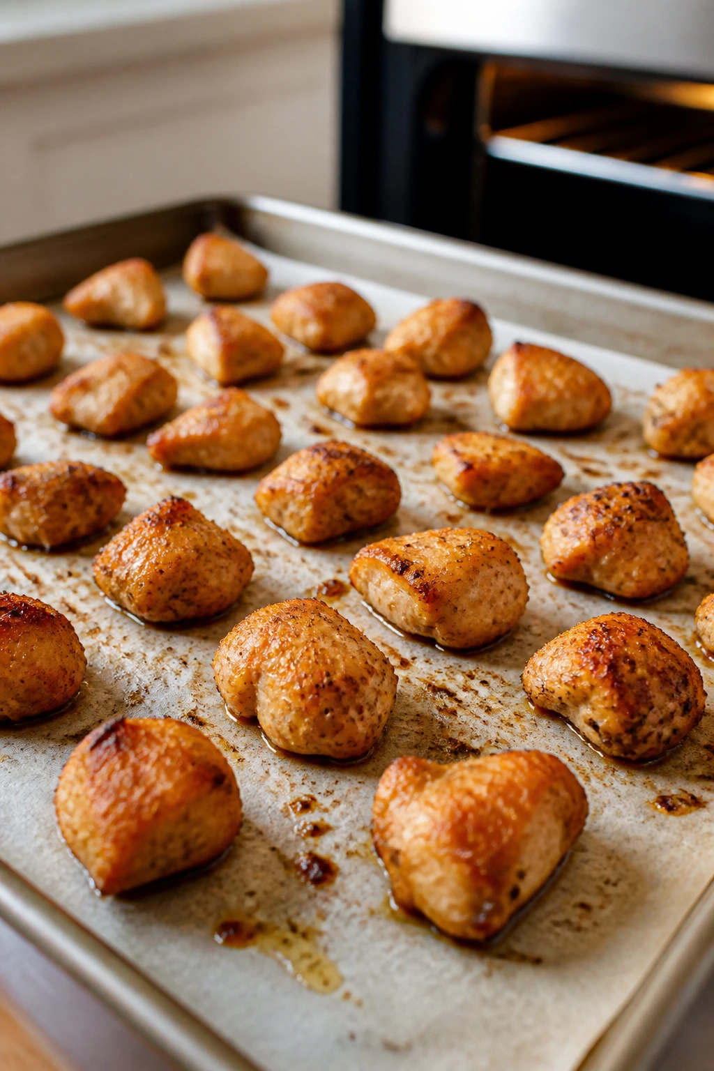 Close-up of browned chicken bites on a parchment-lined sheet pan