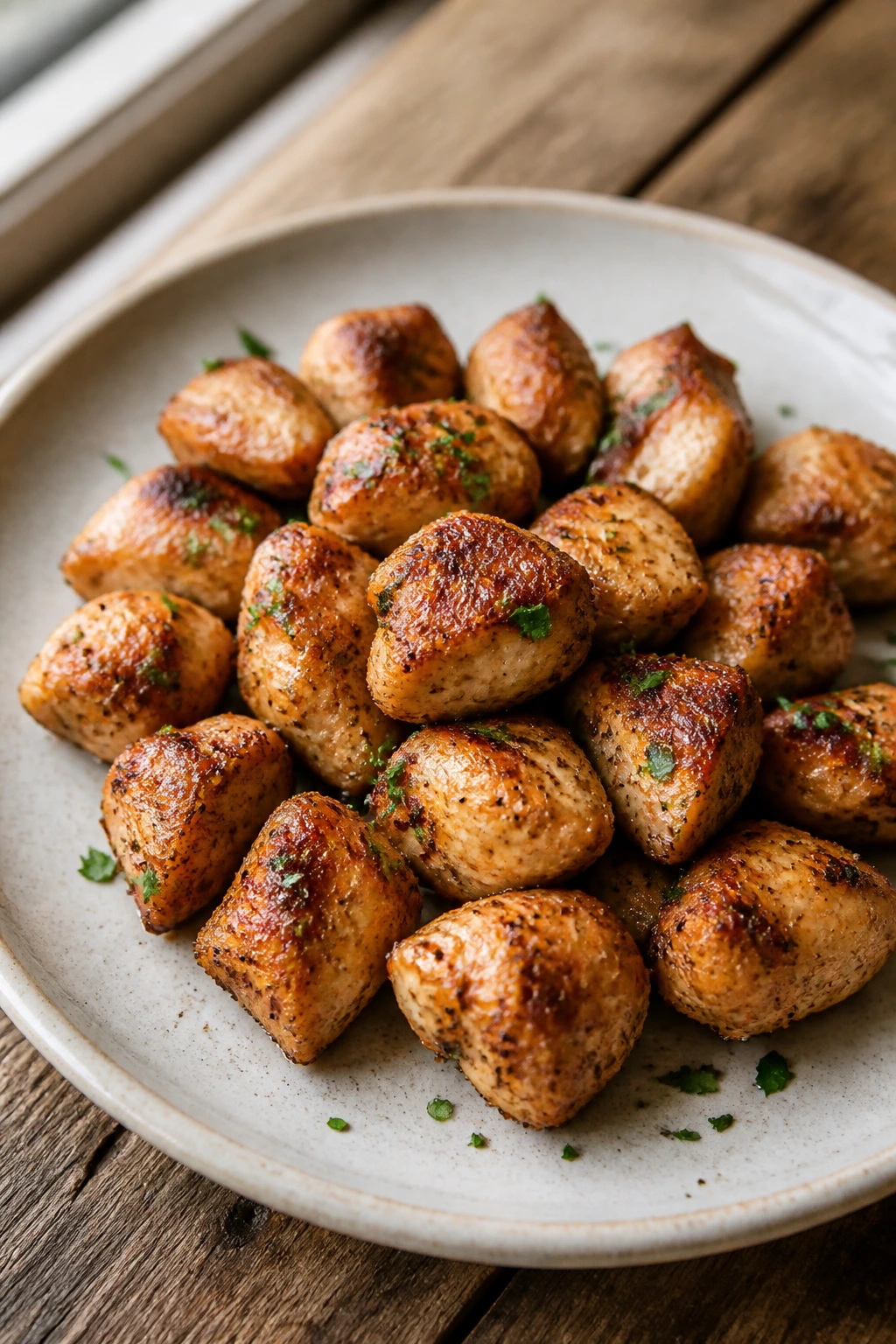 Close-up of roasted chicken bites on a plate with parsley garnish