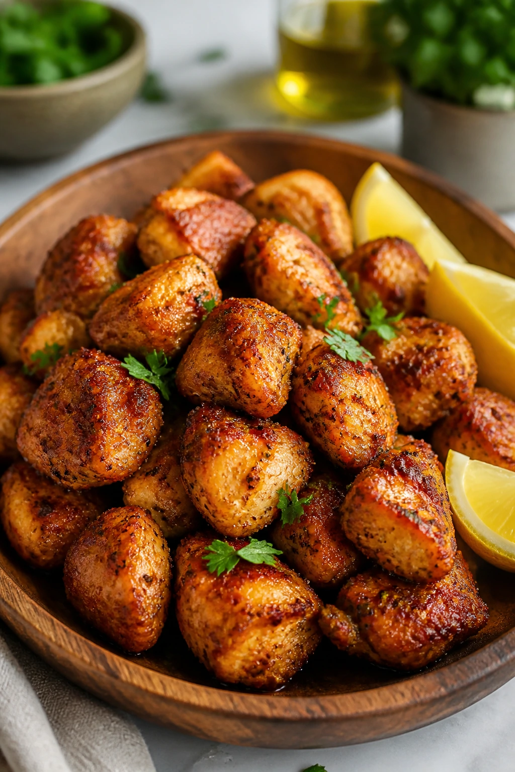 Close-up of roasted chicken bites on a wooden platter with parsley and lemon wedges.